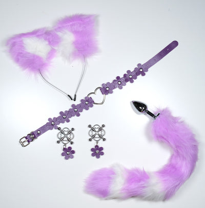 18+ Mature Pet Play Black Set Fox Kitty Purple White Ears Plum Bossom Collar Anal Butt Plug Tail BDSM