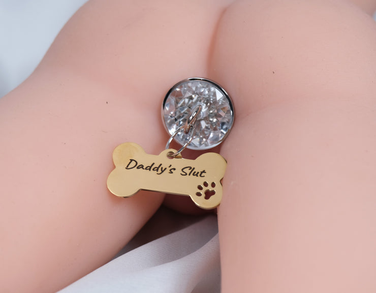Round Jewel Butt Plug With Bone Shaped Dog Tag LoveOrigin Round Jewel Butt Plug With Bone Shaped Dog Tag LoveOrigin
