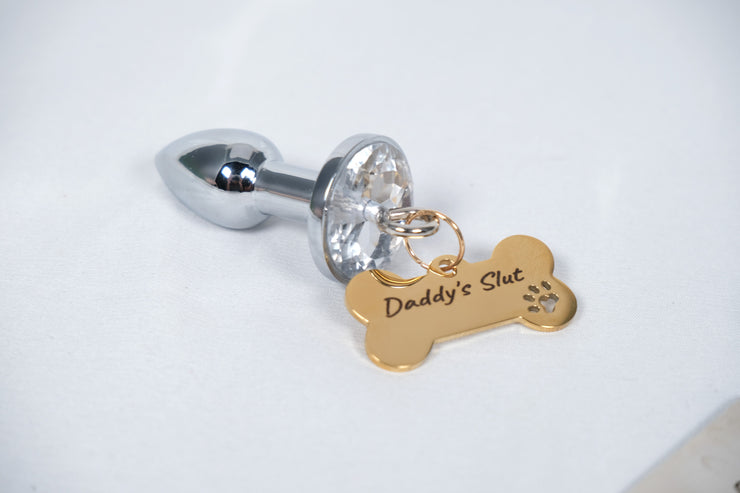 Round Jewel Butt Plug With Bone Shaped Dog Tag LoveOrigin Round Jewel Butt Plug With Bone Shaped Dog Tag LoveOrigin