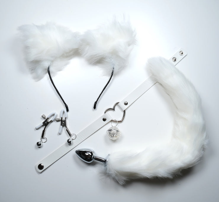 White Ear with Bows Cat Hairband Ears Tail Plug Breast Clip Bell Collar Anal Plug Sex Toys Pet Play Set LoveOrigin White Ear with Bows Cat Hairband Ears Tail Plug Breast Clip Bell Collar Anal Plug Sex Toys Pet Play Set LoveOrigin